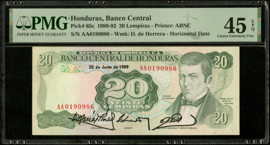 HONDURAS - 20 Lempiras 1989 Pick 65c Series AA PMG Choice XF 45 EPQ