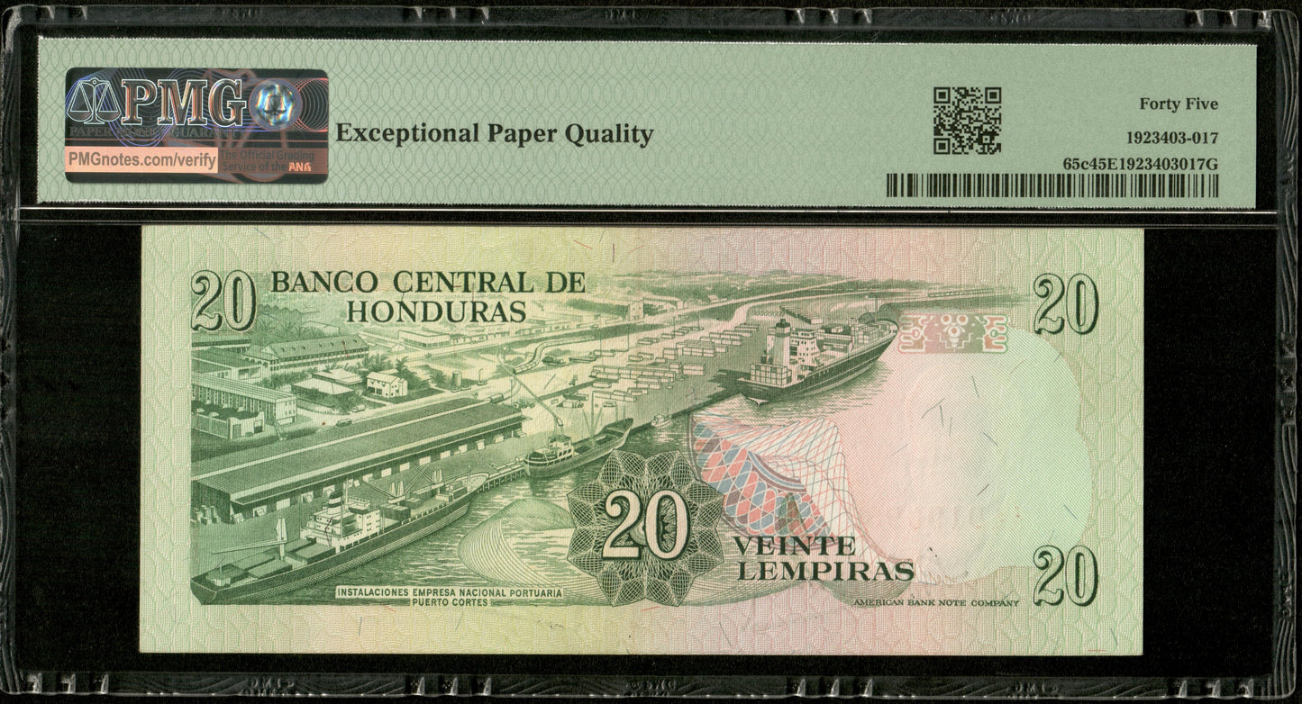 HONDURAS - 20 Lempiras 1989 Pick 65c Series AA PMG Choice XF 45 EPQ