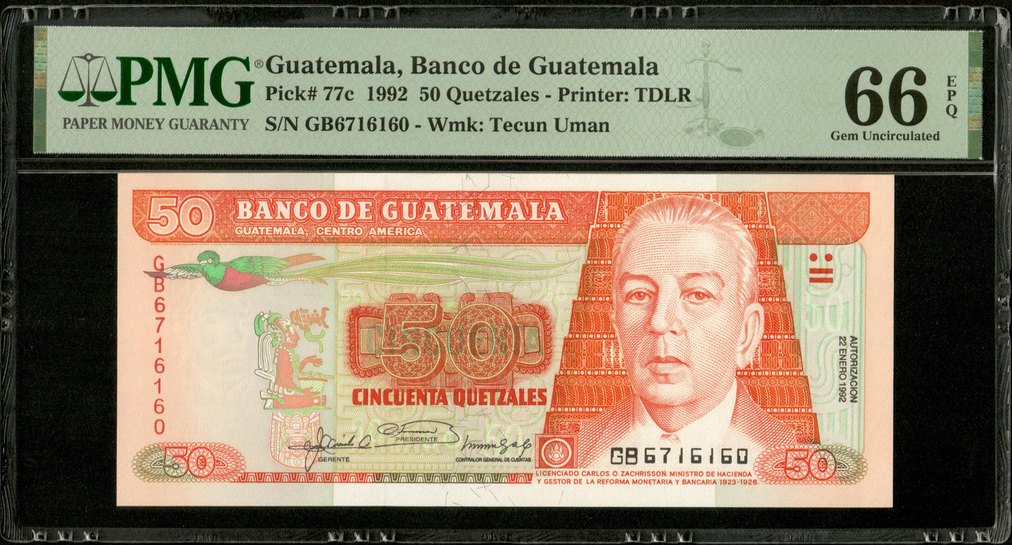 GUATEMALA - 50 Quetzales 1992 Pick 77c NEUF / PMG Gem Unc 66 EPQ Top Pop !