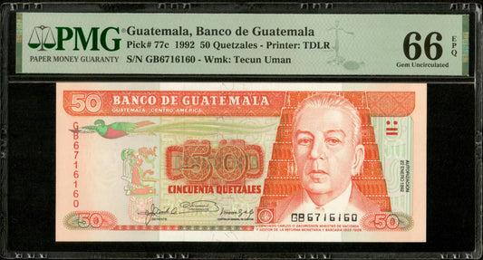 GUATEMALA - 50 Quetzales 1992 Pick 77c NEUF / PMG Gem Unc 66 EPQ Top Pop !