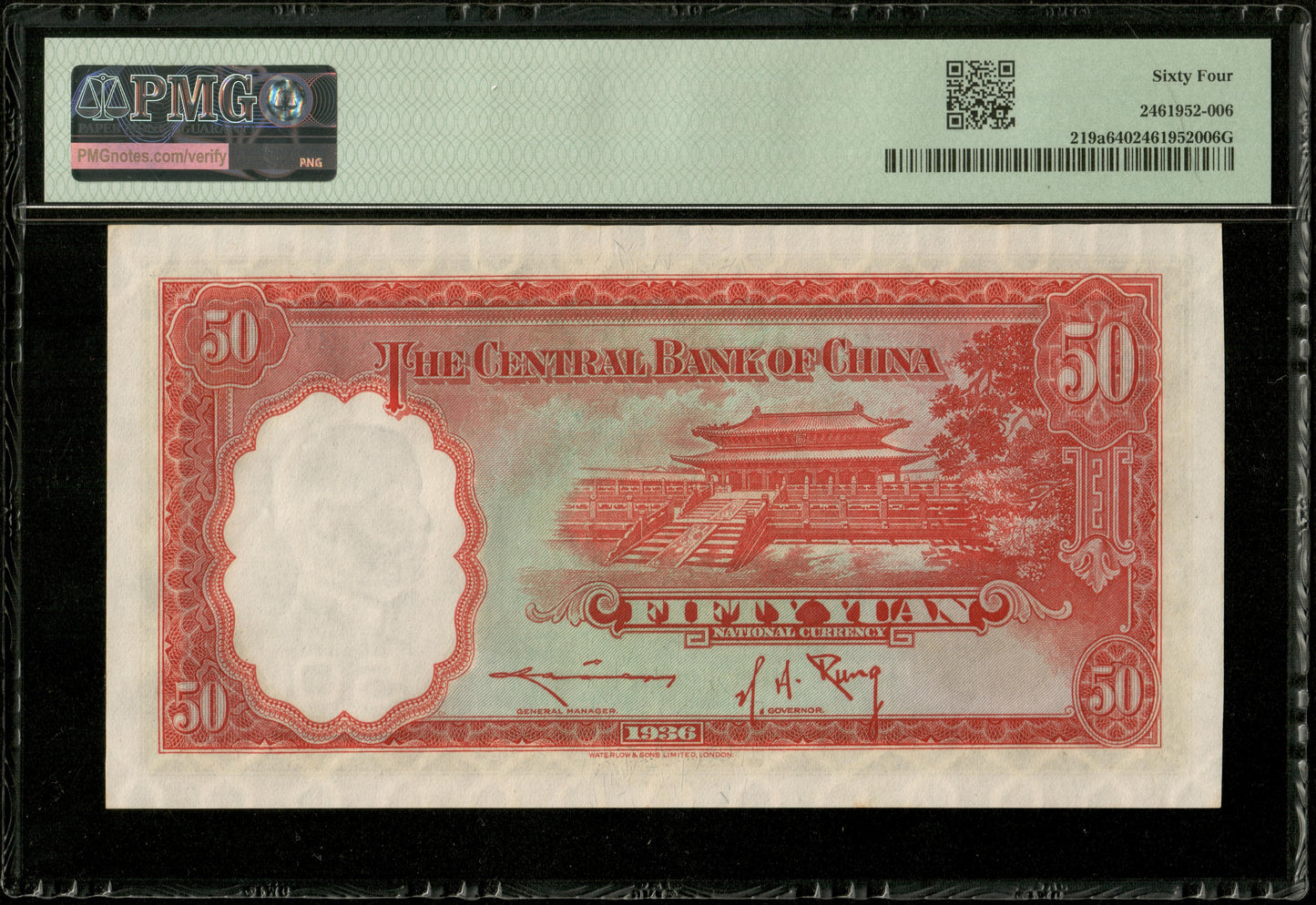 CHINE - Central Bank of China, 50 Yuan 1936 Pick 219a NEUF / PMG Choice Unc 64
