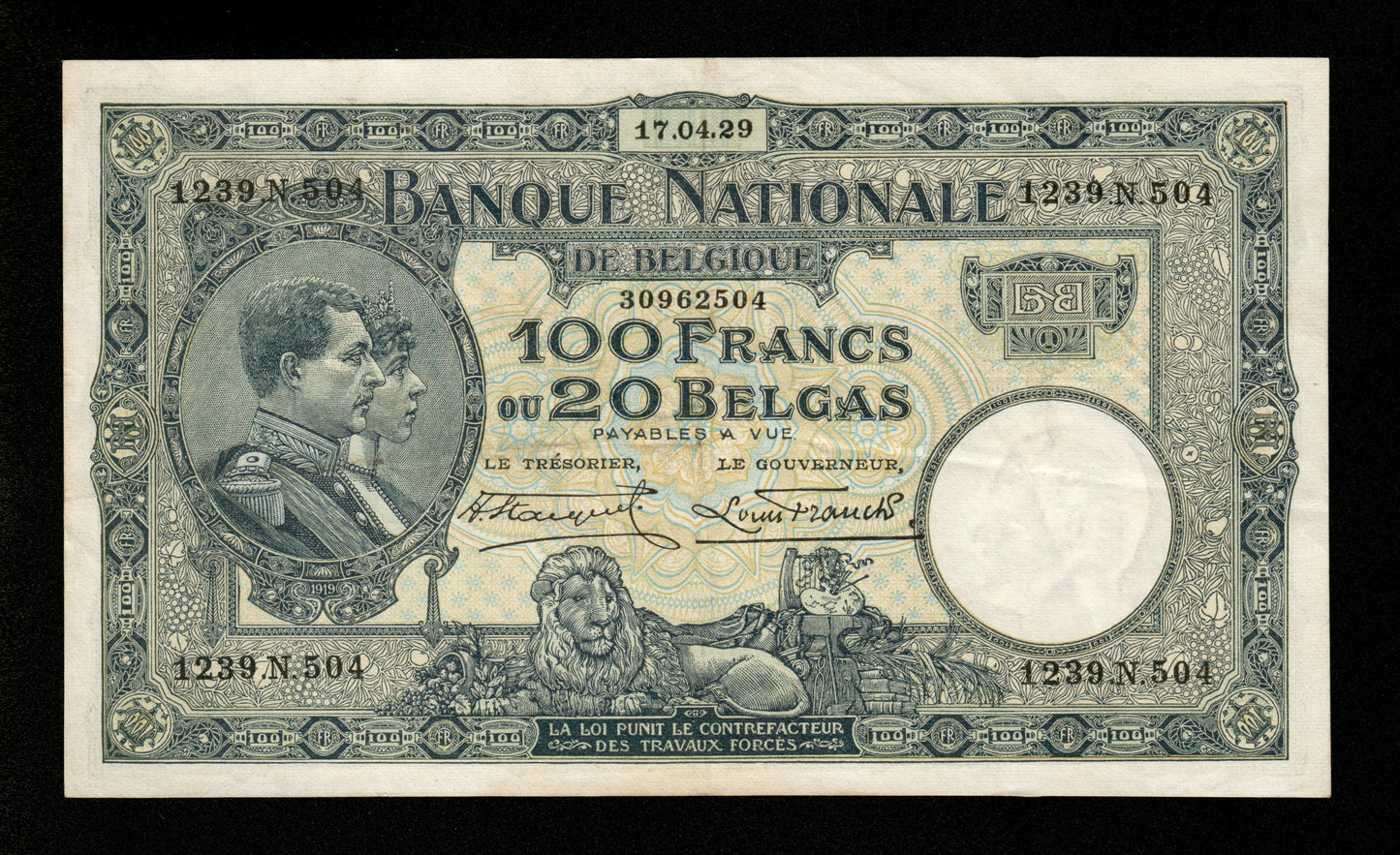 BELGIQUE - 100 Francs = 20 Belgas 1929 Pick 102 TTB+ / VF+