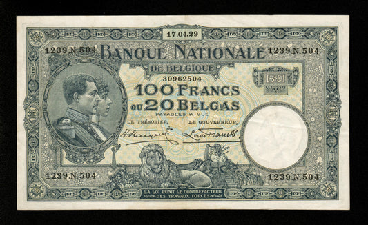 BELGIQUE - 100 Francs = 20 Belgas 1929 Pick 102 TTB+ / VF+