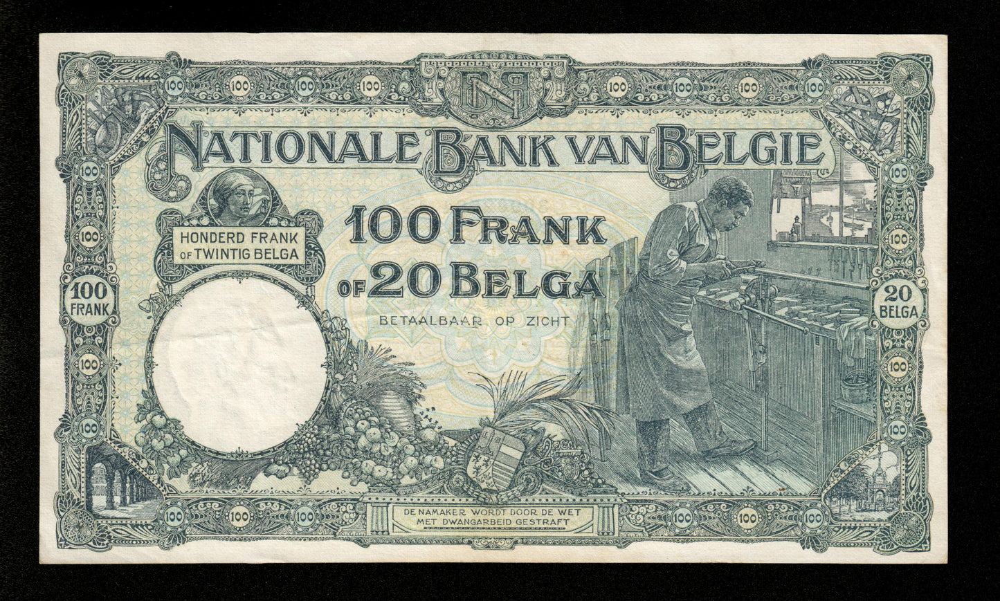 BELGIQUE - 100 Francs = 20 Belgas 1929 Pick 102 TTB+ / VF+
