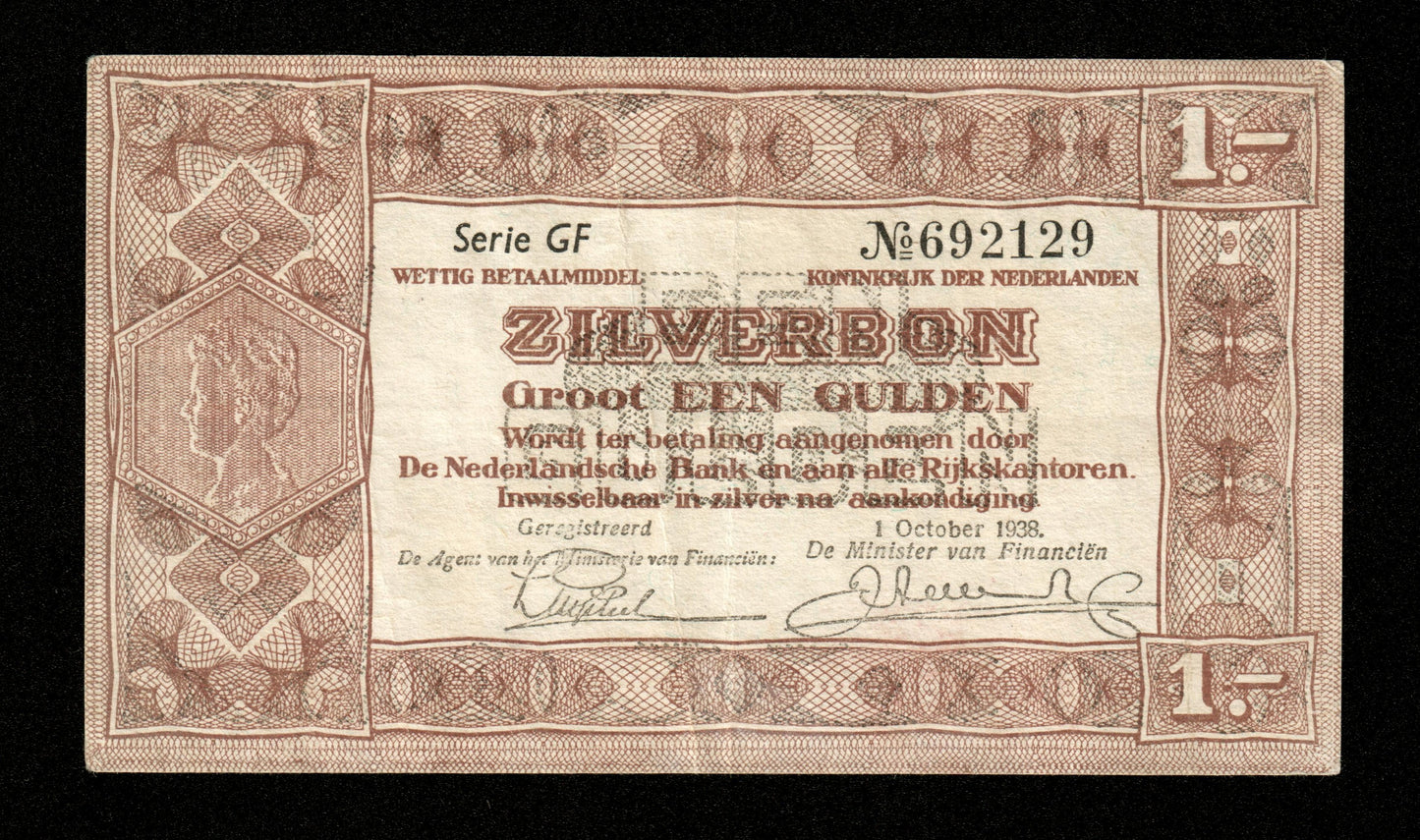 PAYS-BAS - 1 Gulden 1938 Zilverbon Pick 61 TTB / VF NETHERLANDS