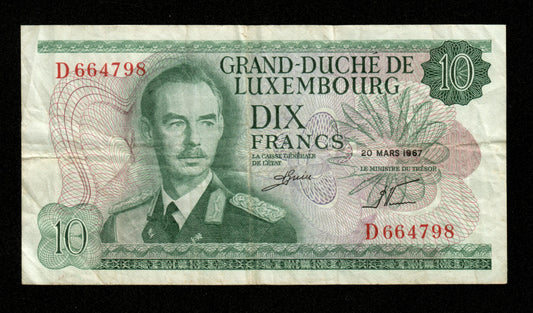 LUXEMBOURG - 10 Francs 1967 Pick 53a TTB / VF