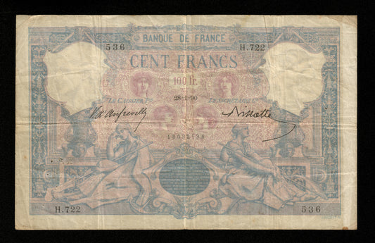 FRANCE - 100 Francs Bleu et Rose 1890 F.21.03, Pick 65b TB / Fine