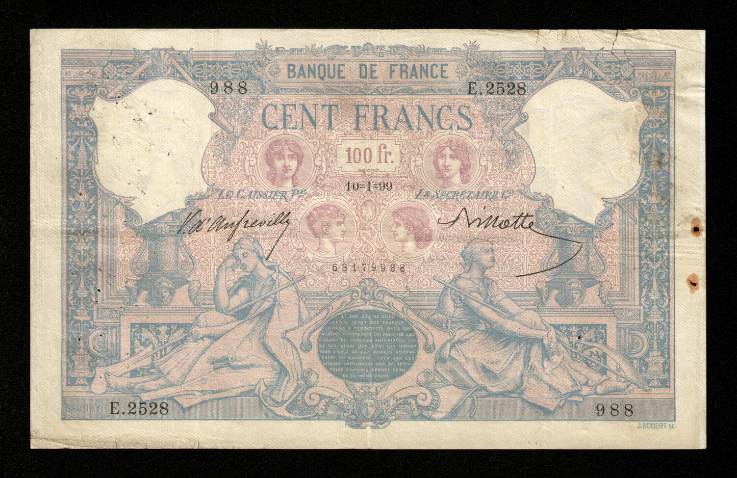 FRANCE - 100 Francs Bleu et Rose 1899 F.21.12, Pick 65b TB / Fine