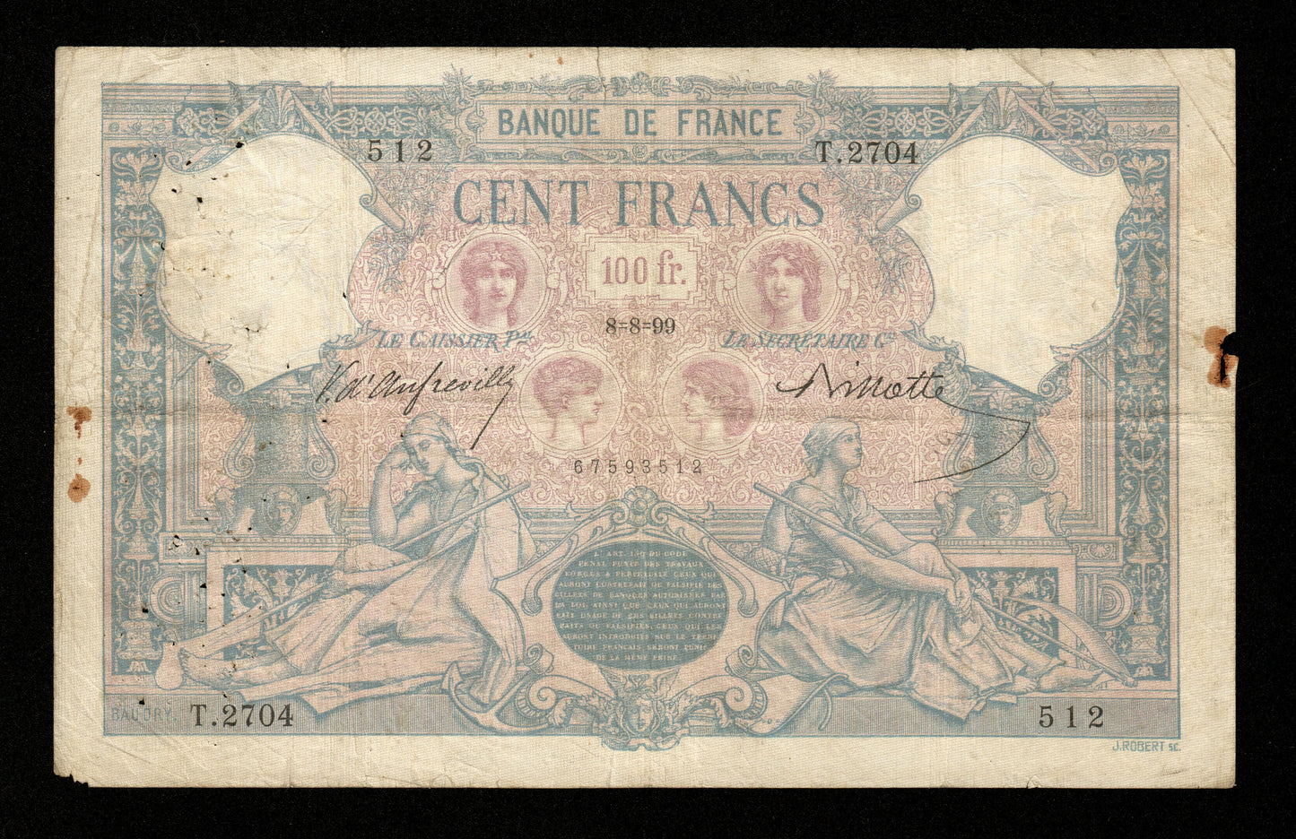 FRANCE - 100 Francs Bleu et Rose 1899 F.21.12, Pick 65b B+ / Good+