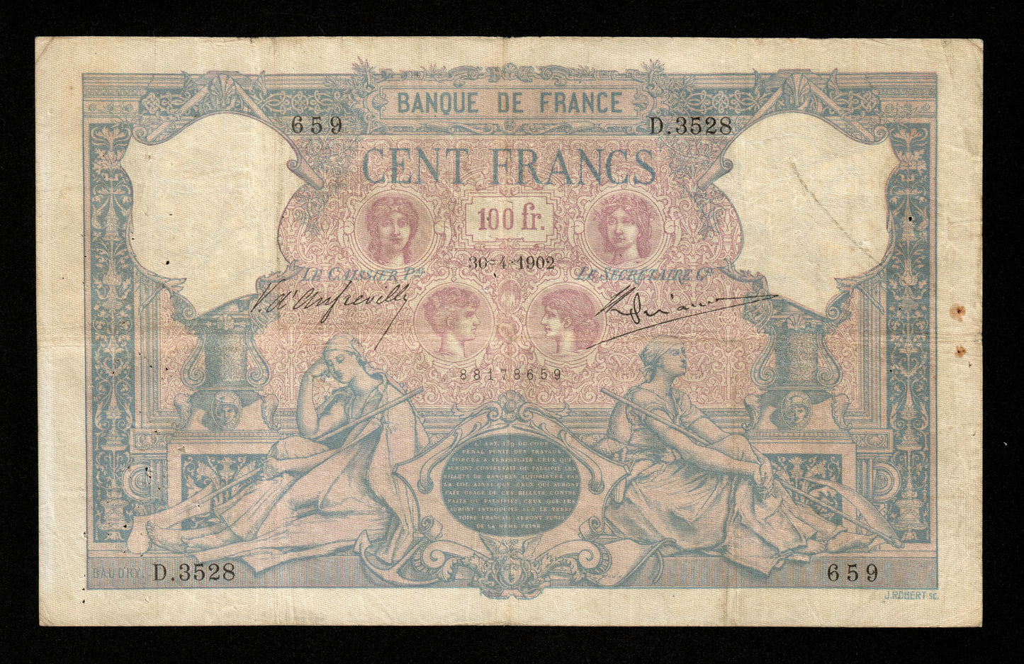 FRANCE - 100 Francs Bleu et Rose 1902 F.21.16, Pick 65c pr.TB / Fine-