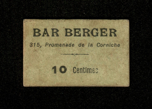 FRANCE - Nécessité, Ticket de Consommation, Publicité, Bar Berger, Marseille 10 Centimes (1916)