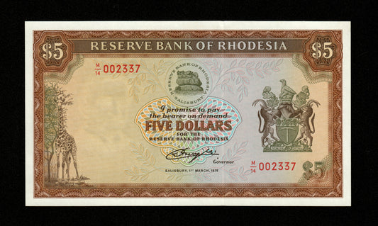 RHODÉSIE - RHODESIA - 5 Dollars 1976 Pick 36a NEUF / UNC