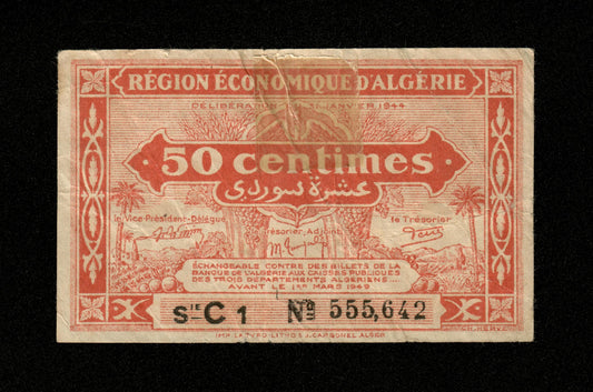 ALGÉRIE - ALGERIA - 50 Centimes Région Économique 1944 Pick 97a TB / Fine