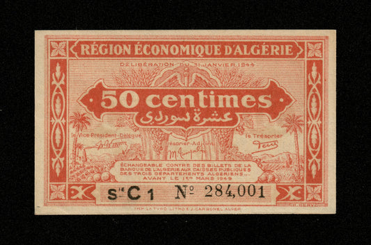 ALGÉRIE - ALGERIA - 50 Centimes Région Économique 1944 Pick 97a NEUF / UNC