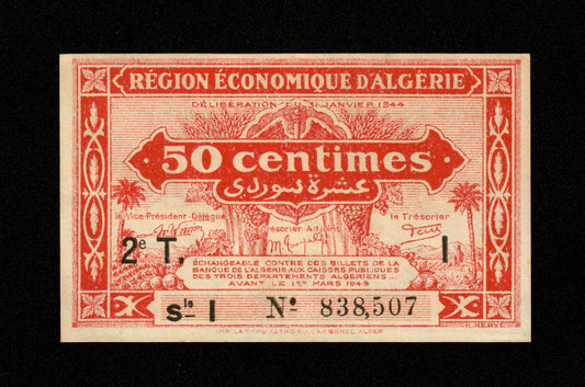 ALGÉRIE - ALGERIA - 50 Centimes Région Économique 1944 Pick 100 SPL / AU