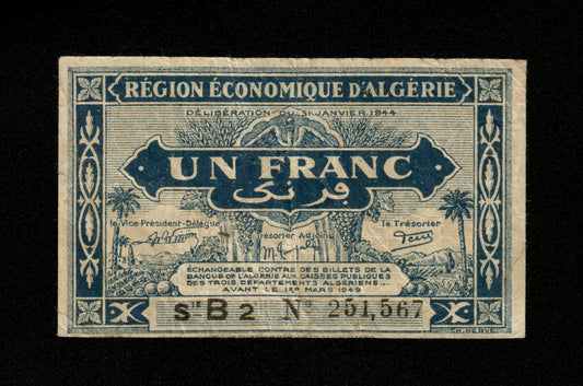 ALGÉRIE - ALGERIA - 1 Franc Région Économique 1944 Pick 98a TB / Fine