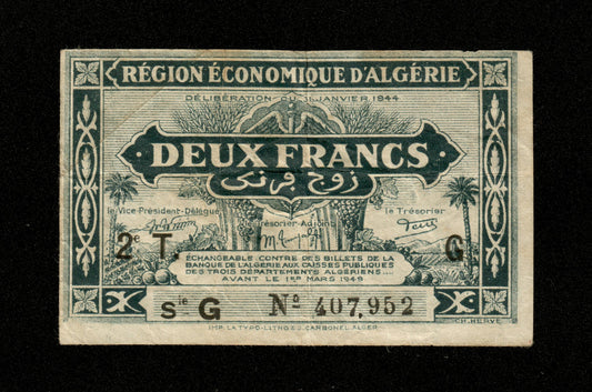 ALGÉRIE - ALGERIA - 2 Francs Région Économique 1944 Pick 102 TB / Fine