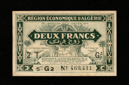 ALGÉRIE - ALGERIA - 2 Francs Région Économique 1944 Pick 102 SPL / AU