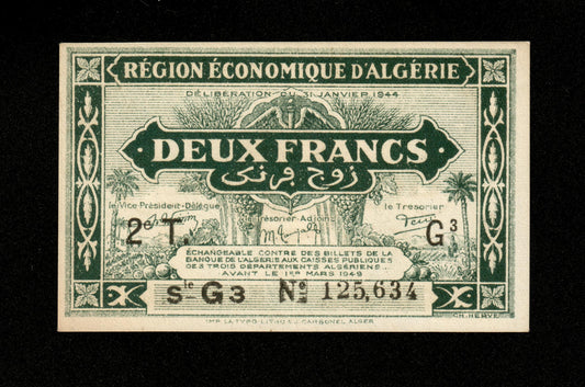 ALGÉRIE - ALGERIA - 2 Francs Région Économique 1944 Pick 102 NEUF / UNC