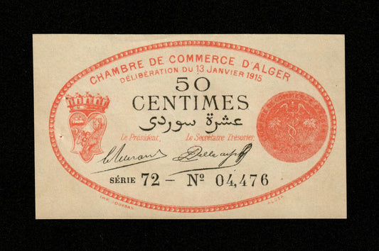 ALGÉRIE - ALGERIA - Chambre de Commerce d'Alger, 50 Centimes 1915 JP.137.05 SPL / AU