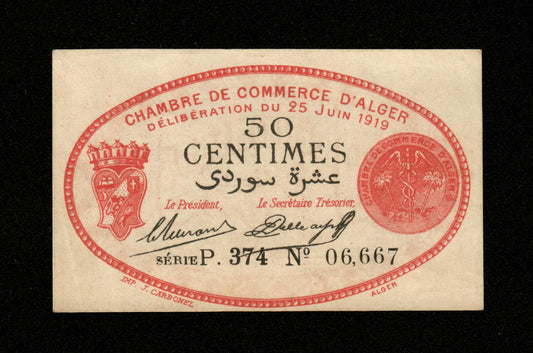 ALGÉRIE - ALGERIA - Chambre de Commerce d'Alger, 50 Centimes 1919 JP.137.11 SUP / XF