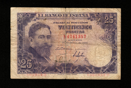 ESPAGNE - SPAIN - 25 Pesetas 1954 Pick 147a TB / Fine