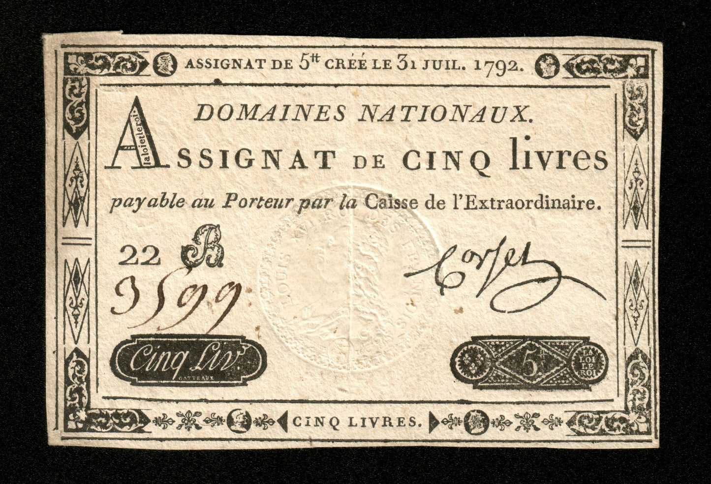 FRANCE - Assignat, 5 Livres 31 Juillet 1792 Ass.31a, Pick A61 Sign. Corsel TTB / VF