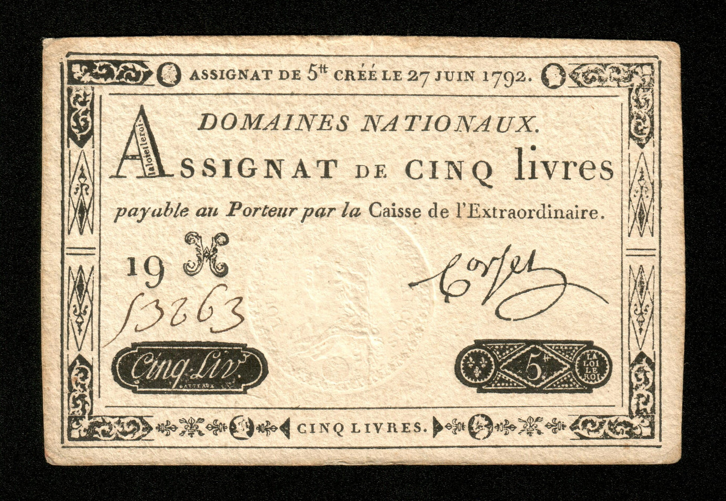 FRANCE - Assignat, 5 Livres 27 Juin 1792 Ass.30a, Pick A60 Sign. Corsel TTB / VF