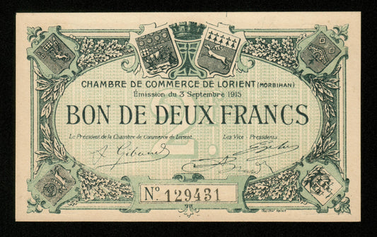 FRANCE - Chambre de Commerce de Lorient, 2 Francs 1915 JP.75.11 NEUF / UNC
