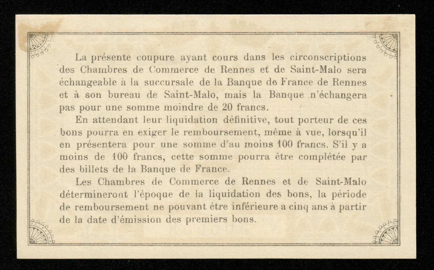 FRANCE - Chambre de Commerce de Rennes & Saint-Malo, 1 Franc 1915 JP.105.03 pr.NEUF / UNC-