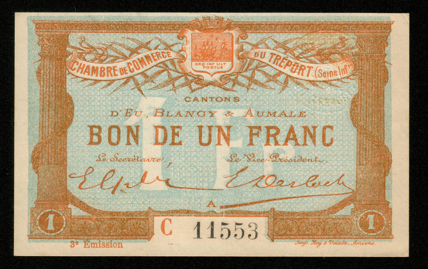 FRANCE - Chambre de Commerce du Tréport, 1 Franc 1915 JP.71.10 SPL / AU