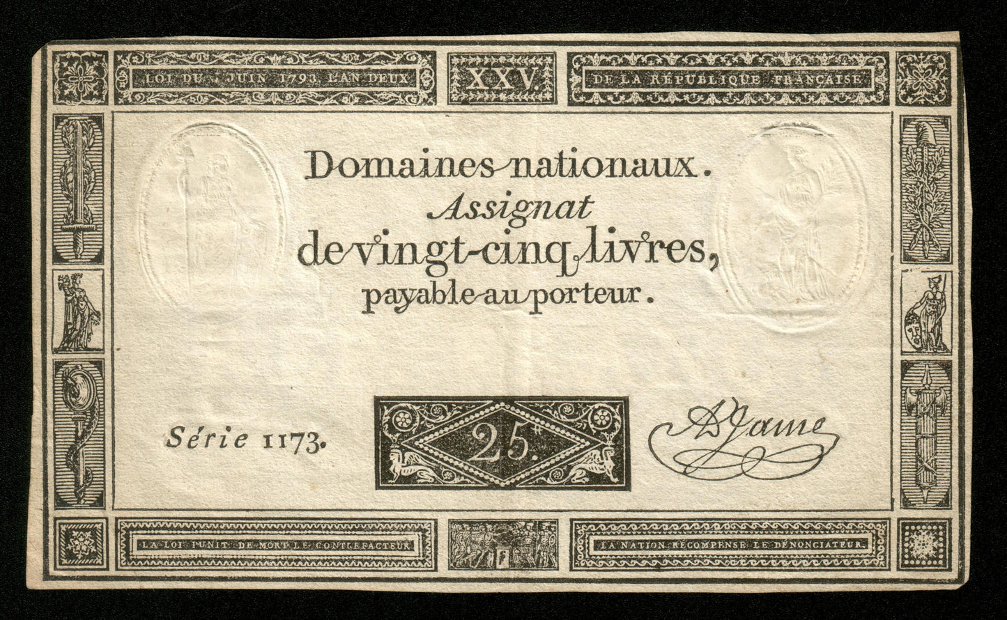 FRANCE - Assignat, 25 Livres 6 juin 1793 Ass.43a Pick A71 Sign. A. Jame TTB / VF