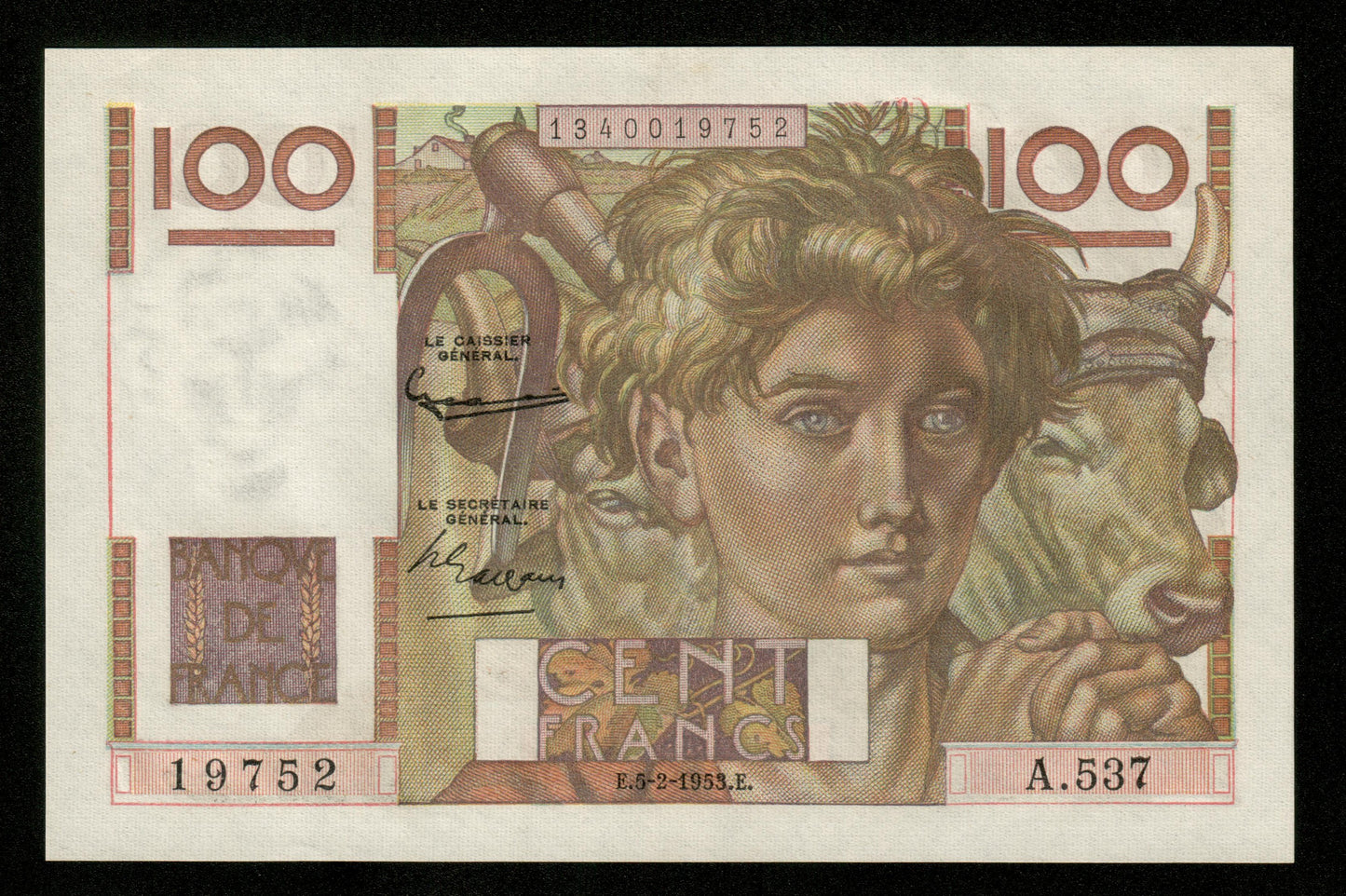 FRANCE - 100 Francs Jeune Paysan 1953 A.537 F.28.36 Pick 128d pr.NEUF / UNC-