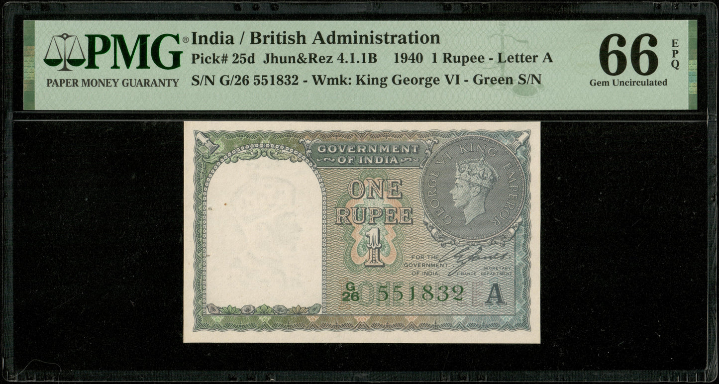 INDE - Government of India - 1 Rupee 1940 Pick 25d PMG Gem Unc 66 EPQ