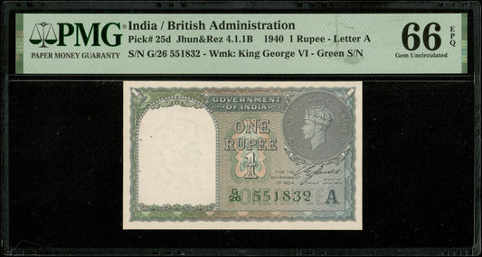 INDE - Government of India - 1 Rupee 1940 Pick 25d PMG Gem Unc 66 EPQ
