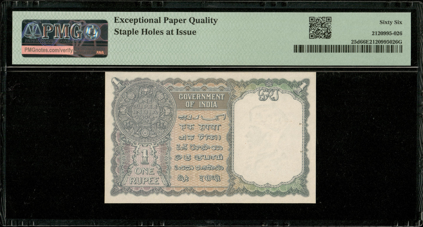 INDE - Government of India - 1 Rupee 1940 Pick 25d PMG Gem Unc 66 EPQ