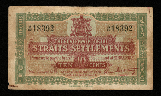 STRAITS SETTLEMENTS - SINGAPORE - 10 Cents 1919 Pick 8b TB / Fine