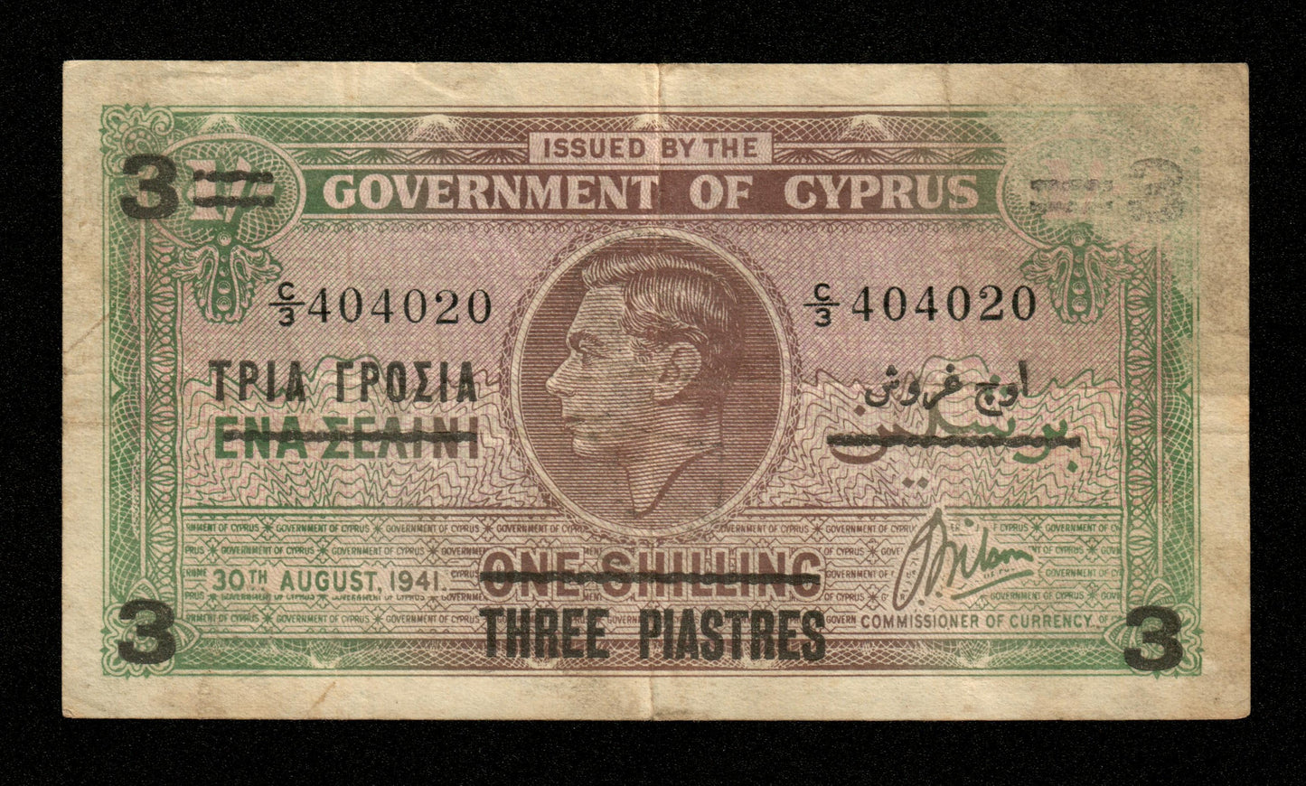 CHYPRE - CYPRUS - 3 Piastres 1943 (on 1 Shilling 1941) Pick 26 TB / Fine