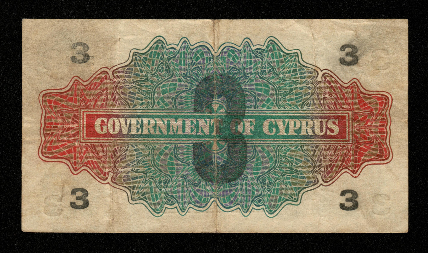 CHYPRE - CYPRUS - 3 Piastres 1943 (on 1 Shilling 1941) Pick 26 TB / Fine