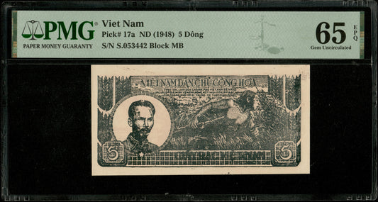 VIETNAM - VIET NAM - 5 Dong (Dông) (1948) Pick 17a NEUF / PMG Gem Unc 65 EPQ