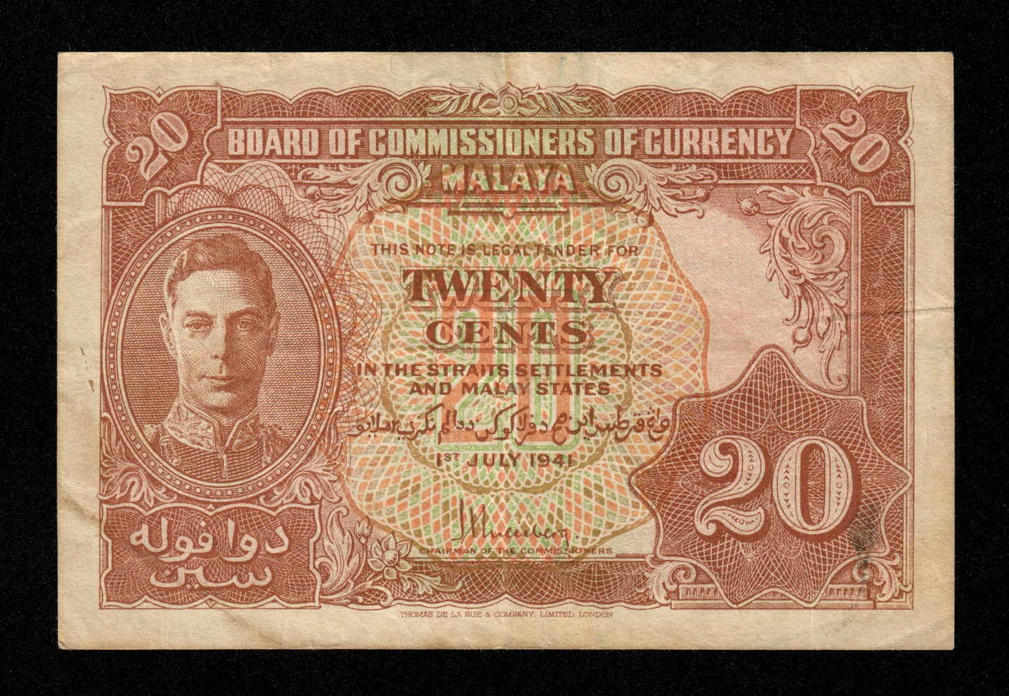 MALAYA - British Administration, 20 Cents 1941 Pick 9a TB+ / Fine+ King George VI