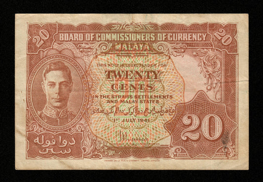 MALAYA - British Administration, 20 Cents 1941 Pick 9a TB+ / Fine+ King George VI