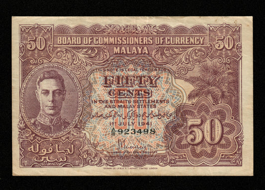 MALAYA - British Administration, 50 Cents 1941 Pick 10a TTB / VF King George VI