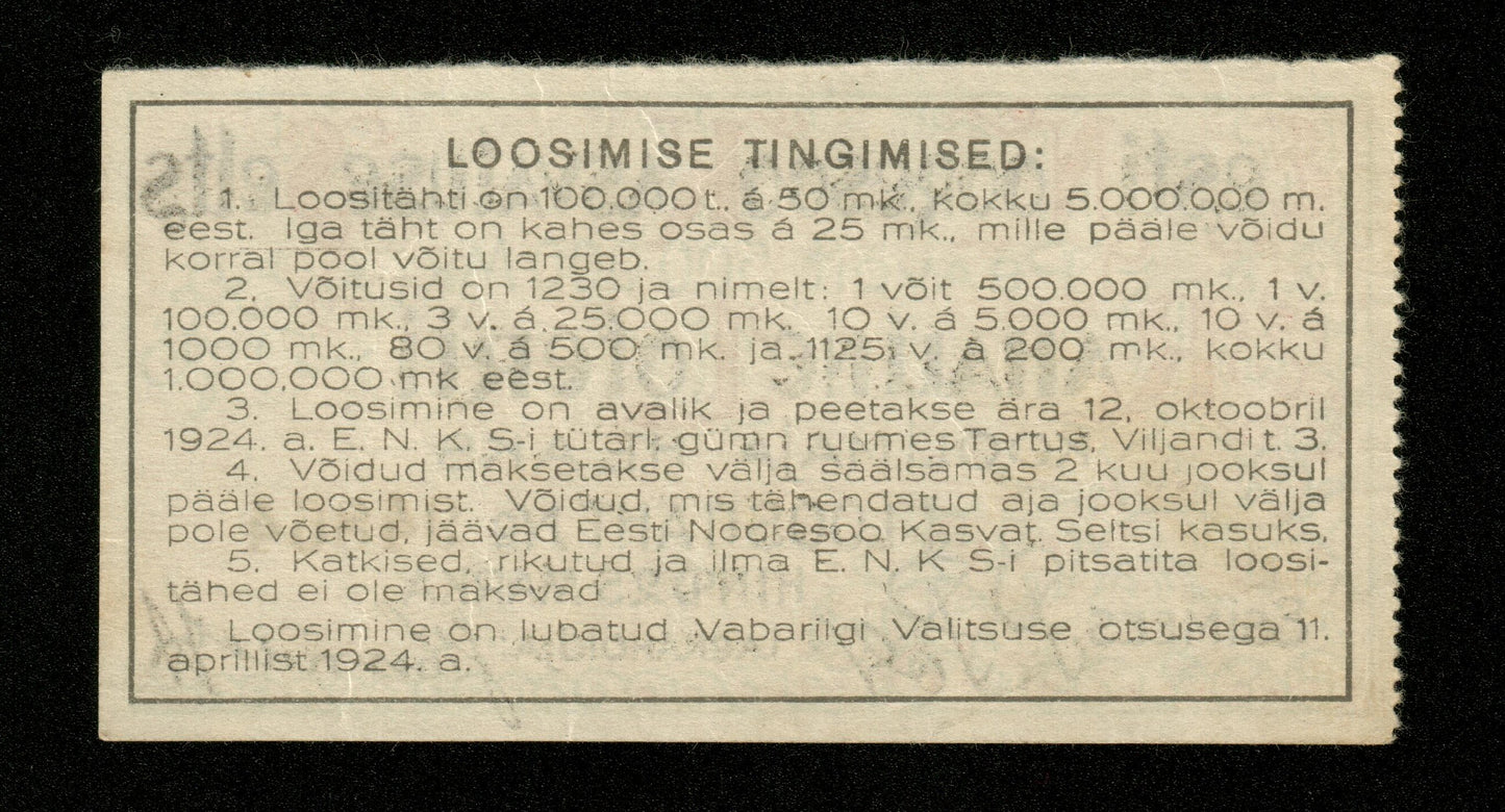 ESTONIE - ESTONIA - 25 Marka 1924 Billet de Loterie Rahaline Loterii SUP / XF