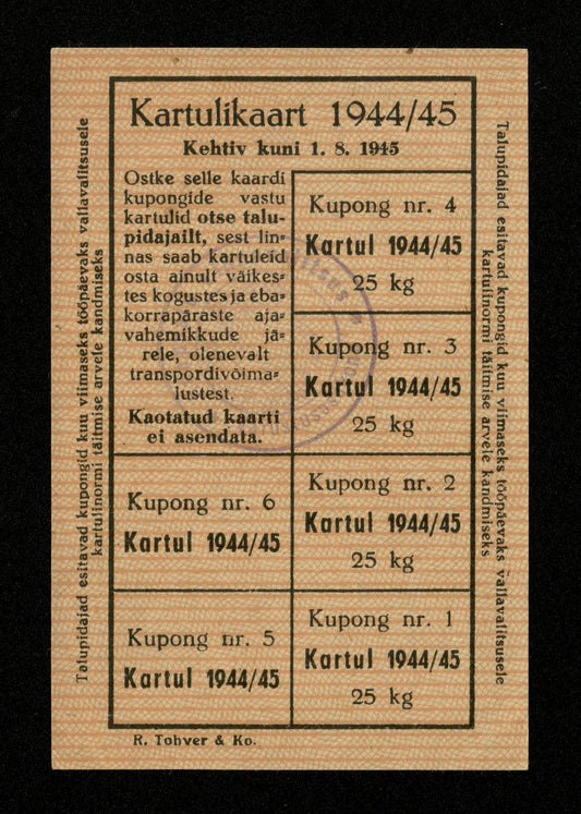 ESTONIE - ESTONIA - Guerre, bons, carte alimentaire pomme de terre Kartulikaart 1944 1945 TTB+ / VF+