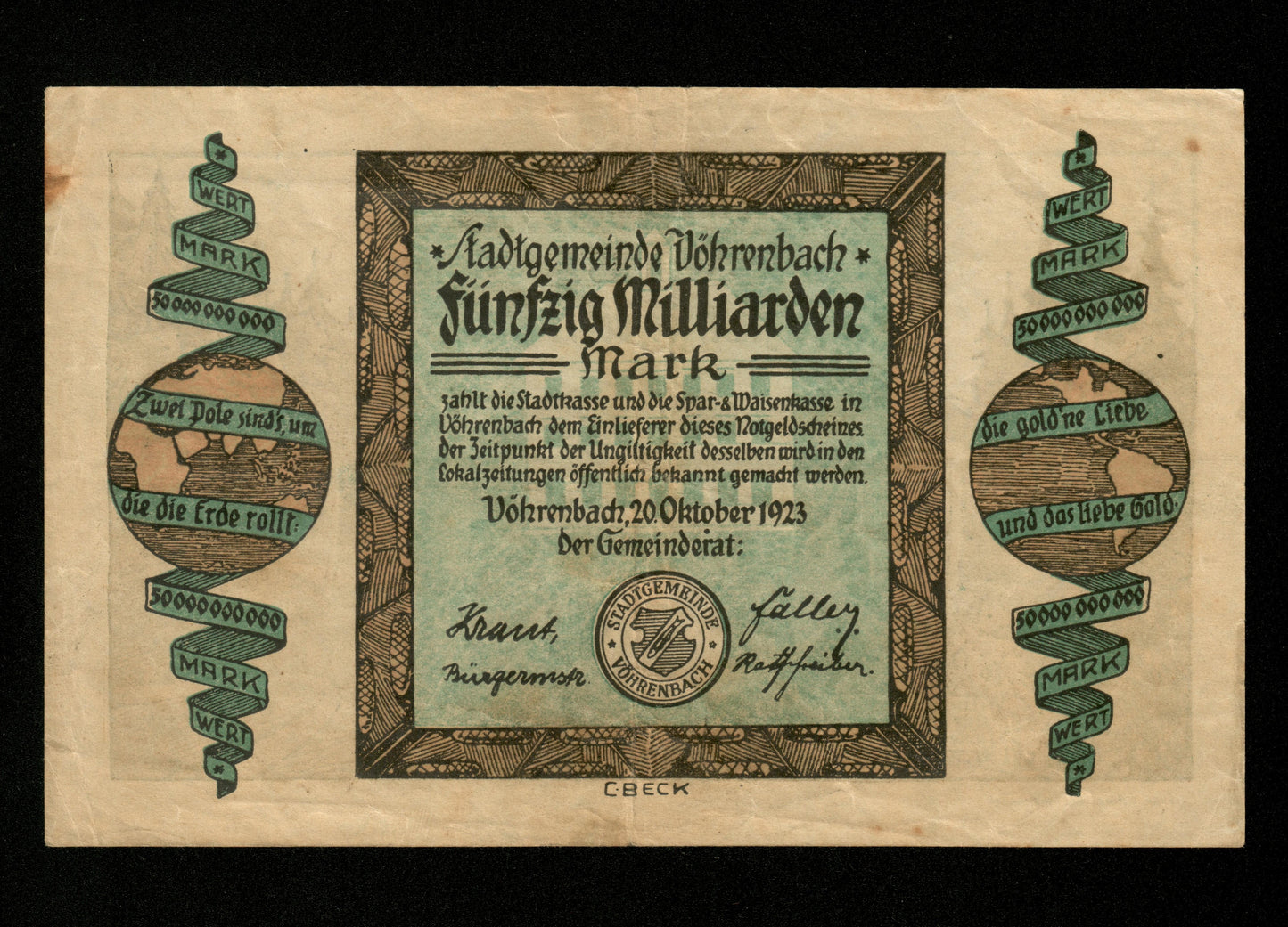ALLEMAGNE - GERMANY - Notgeld Vöhrenbach, Baden, 50 Milliarden Mark 1923 TB / Fine