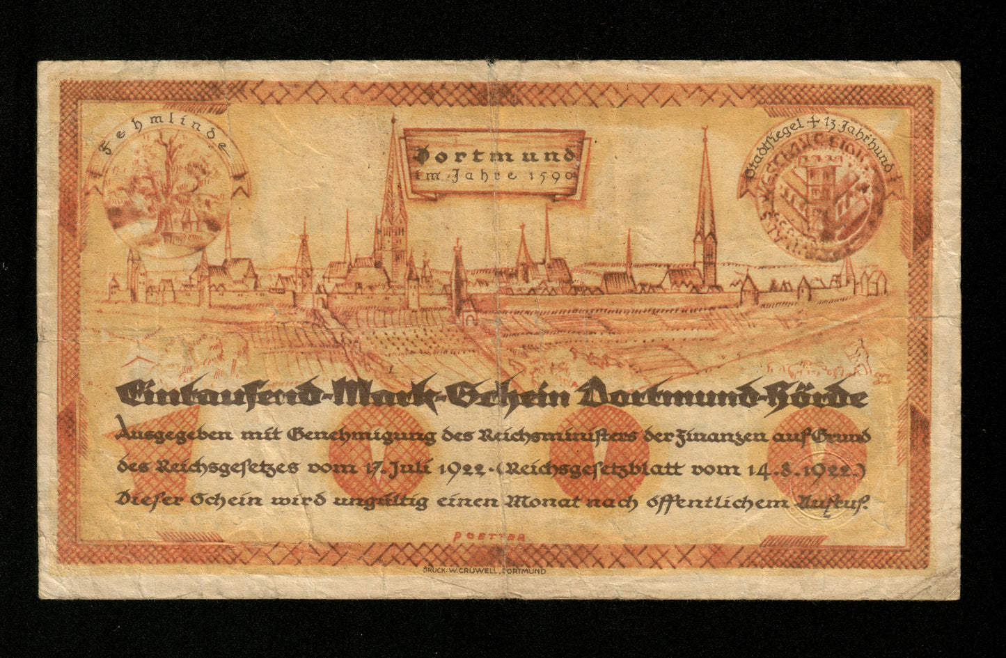 ALLEMAGNE - GERMANY - Notgeld Dortmund und Hörde, 1000 Mark 1922 TB / Fine