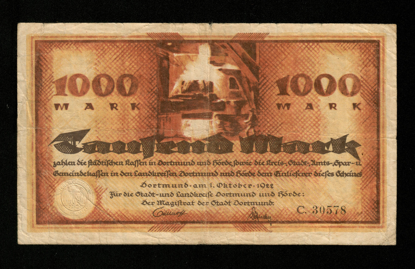 ALLEMAGNE - GERMANY - Notgeld Dortmund und Hörde, 1000 Mark 1922 TB / Fine