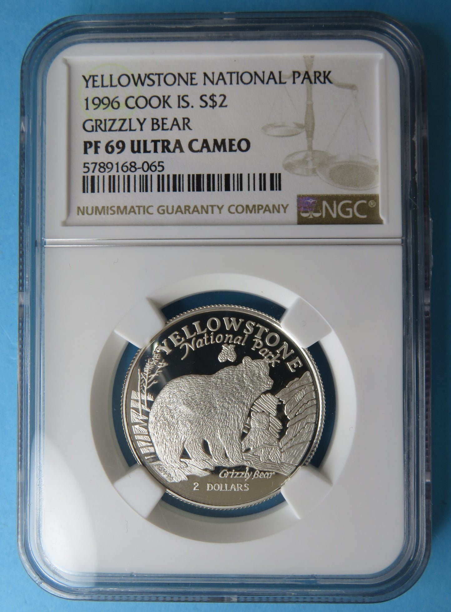 ILES COOK - COOK ISLANDS - 2 Dollars Proof Yellowstone Grizzly Bear 1996 KM.279 NGC PF69 ULTRA CAMEO TOP POP