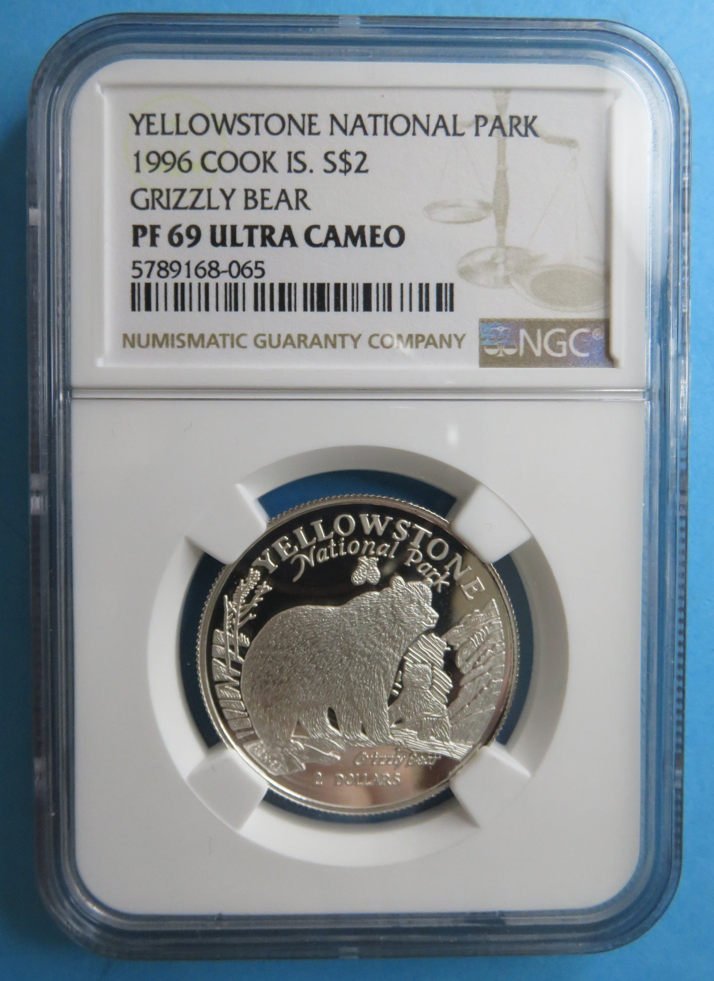 ILES COOK - COOK ISLANDS - 2 Dollars Proof Yellowstone Grizzly Bear 1996 KM.279 NGC PF69 ULTRA CAMEO TOP POP